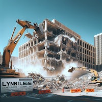 demolition of a building with a bulldozer in the background