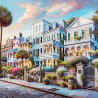 a painting of houses on a street in charleston, south carolina