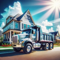 a dump truck parked in front of a house